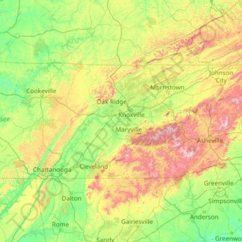 Mapa topográfico East Tennessee, altitude, relevo