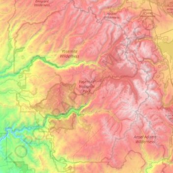 Mapa topográfico Yosemite-Nationalpark, altitude, relevo
