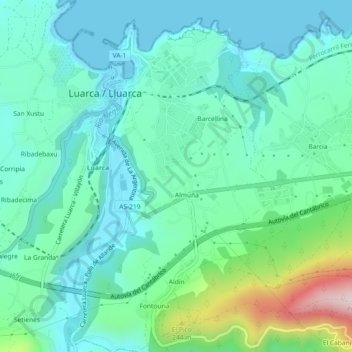 Mapa topográfico Luarca, altitude, relevo