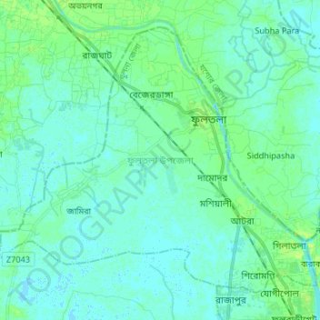 Mapa topográfico Phultala Upazila, altitude, relevo