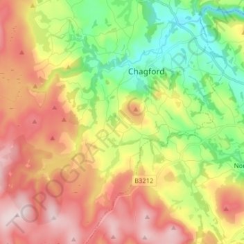 Mapa topográfico Chagford, altitude, relevo