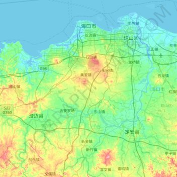 Mapa topográfico Haikou City, altitude, relevo