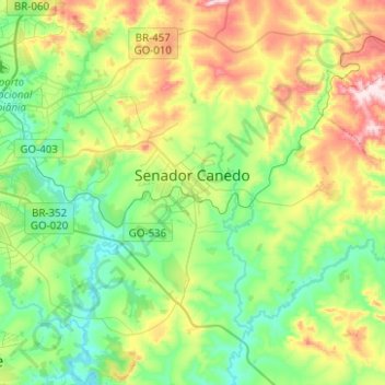 Mapa topográfico Senador Canedo, altitude, relevo
