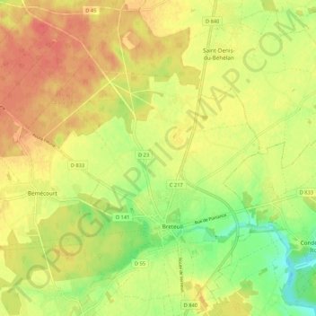Mapa topográfico Breteuil, altitude, relevo
