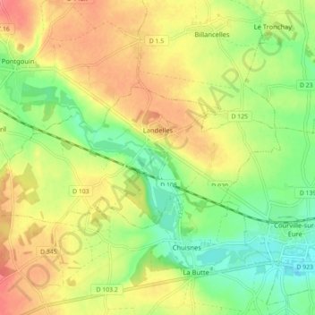 Mapa topográfico Landelles, altitude, relevo
