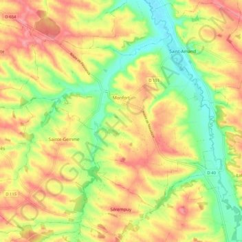 Mapa topográfico Monfort, altitude, relevo