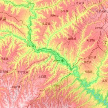 Mapa topográfico 彬州市, altitude, relevo