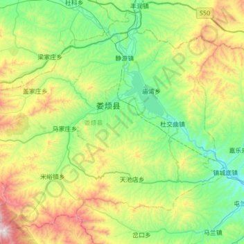 Mapa topográfico 娄烦县, altitude, relevo