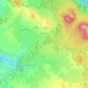 Mapa topográfico Alleyrac, altitude, relevo