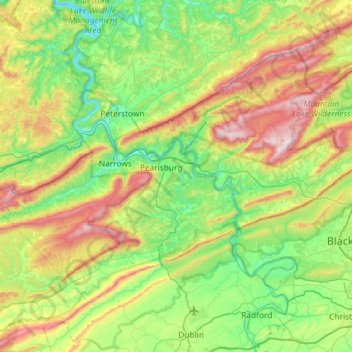 Mapa topográfico Giles County, altitude, relevo