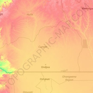 Mapa topográfico Cunene, altitude, relevo