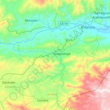 Mapa topográfico Guastatoya, altitude, relevo