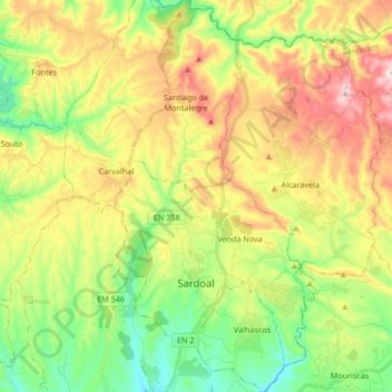 Mapa topográfico Sardoal, altitude, relevo