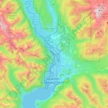Mapa topográfico Squamish, altitude, relevo