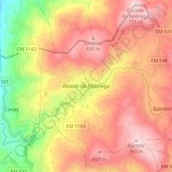 Mapa topográfico Aboim da Nóbrega, altitude, relevo