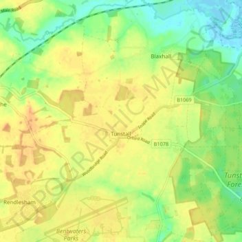 Mapa topográfico Tunstall, altitude, relevo