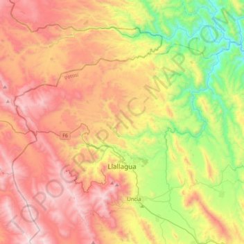 Mapa topográfico Llallagua, altitude, relevo