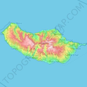 Mapa topográfico Ilha da Madeira, altitude, relevo