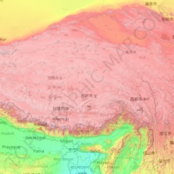 Mapa topográfico Tibete, altitude, relevo