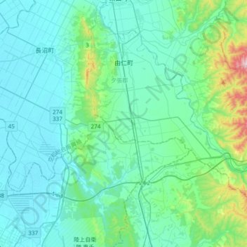 Mapa topográfico 由仁町, altitude, relevo