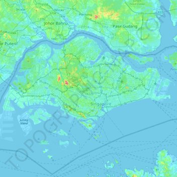 Mapa topográfico Singapura, altitude, relevo