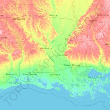 Mapa topográfico Louisiana, altitude, relevo