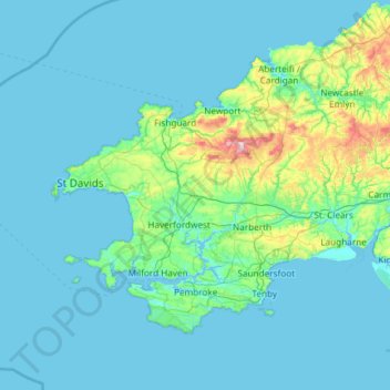 Mapa topográfico Pembrokeshire, altitude, relevo