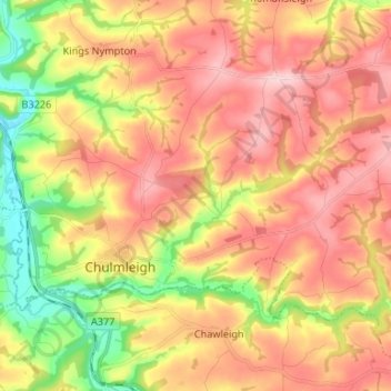 Mapa topográfico Chulmleigh, altitude, relevo