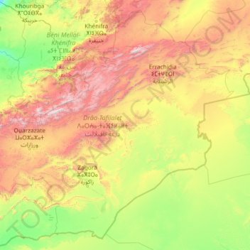 Mapa topográfico Drâa-Tafilalet ⴷⴰⵔⵄⴰ-ⵜⴰⴼⵉⵍⴰⵍⵜ درعة-تافيلالت, altitude, relevo
