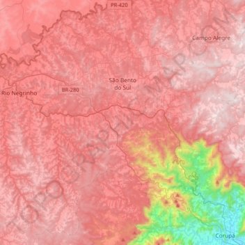 Mapa topográfico São Bento do Sul, altitude, relevo