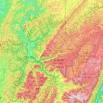 Mapa topográfico Tucker County, altitude, relevo