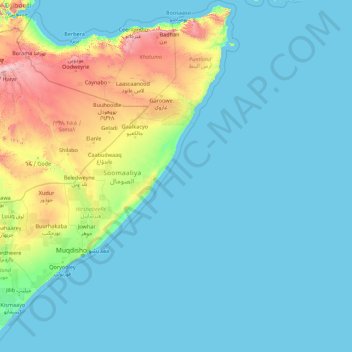 Mapa topográfico Somália, altitude, relevo