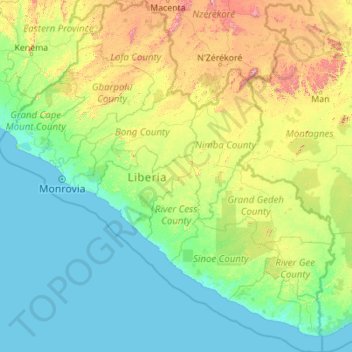 Mapa topográfico Libéria, altitude, relevo