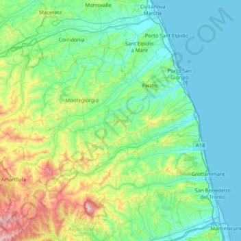 Mapa topográfico Fermo, altitude, relevo