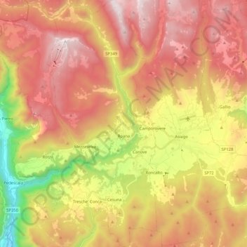 Mapa topográfico Roana, altitude, relevo