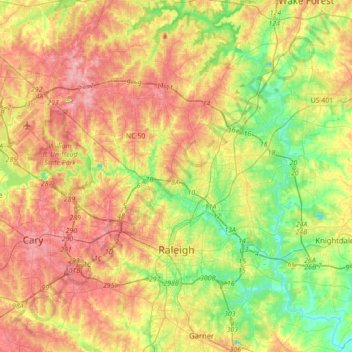 Mapa topográfico Raleigh, altitude, relevo
