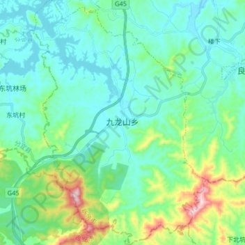 Mapa topográfico 九龙山乡, altitude, relevo