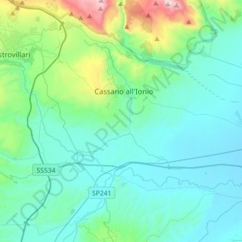 Mapa topográfico Cassano all'Ionio, altitude, relevo