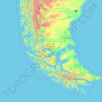 Mapa topográfico Magalhães e Antártica Chilena, altitude, relevo