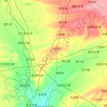 Mapa topográfico 双辽市, altitude, relevo