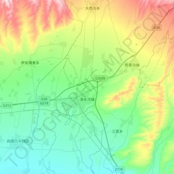 Mapa topográfico 清水河镇, altitude, relevo