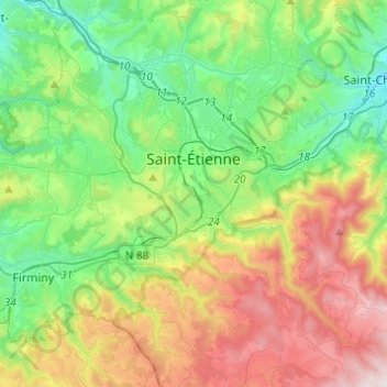 Mapa topográfico Saint-Étienne, altitude, relevo