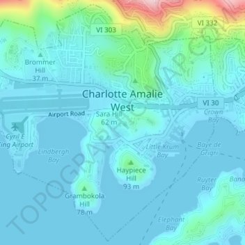 Mapa topográfico Charlotte Amalie West, altitude, relevo