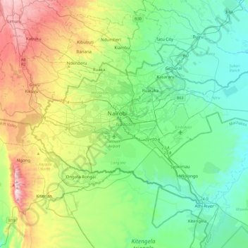 Mapa topográfico Nairobi, altitude, relevo