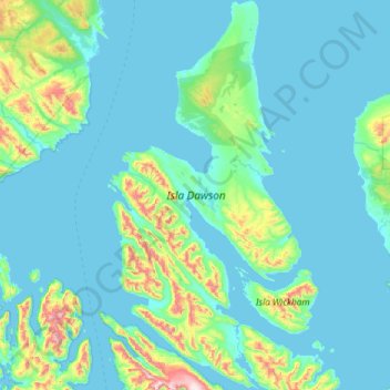 Mapa topográfico Isla Dawson, altitude, relevo