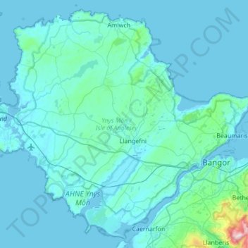 Mapa topográfico Ilha de Anglesey, altitude, relevo