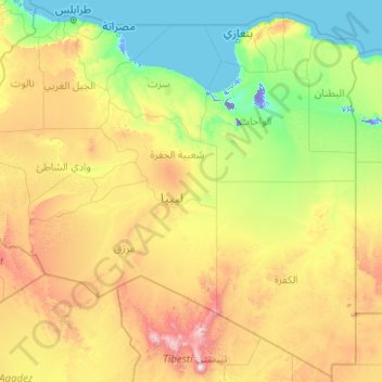 Mapa topográfico Líbia, altitude, relevo