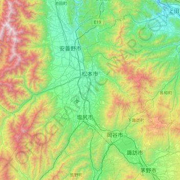 Mapa topográfico 松本市, altitude, relevo