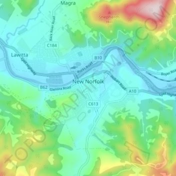 Mapa topográfico New Norfolk, altitude, relevo