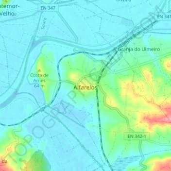 Mapa topográfico Alfarelos, altitude, relevo